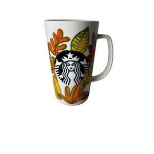 STARBUCKS White & Orange Autumn Fall Leaves Tall Coffee Mug 16oz- EUC-